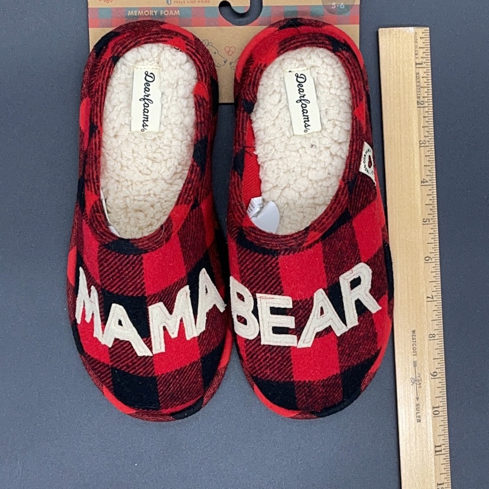 Dearfoams Red & Black Plaid Mama Bear Slippers - NWT